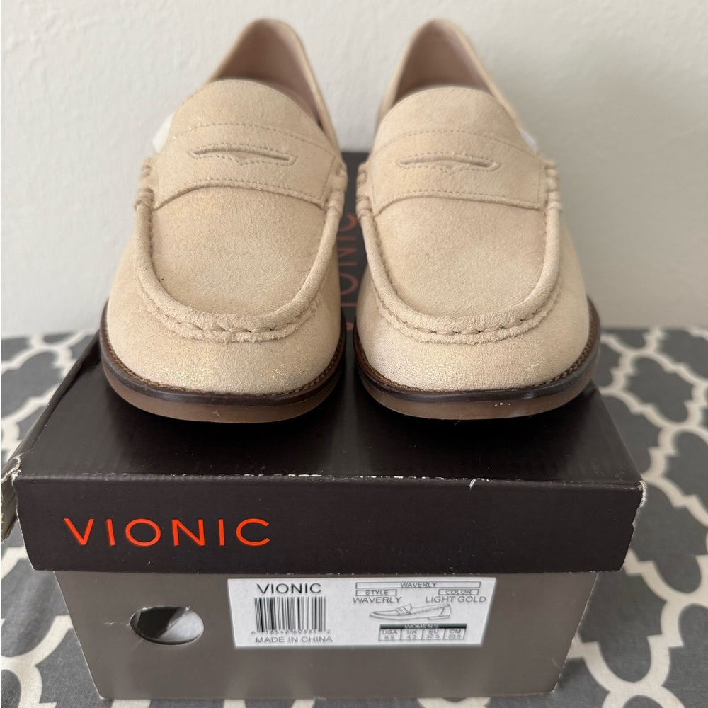 Vionic Waverly Gold Leather Loafers Shimmer Metallic Size 6.5.